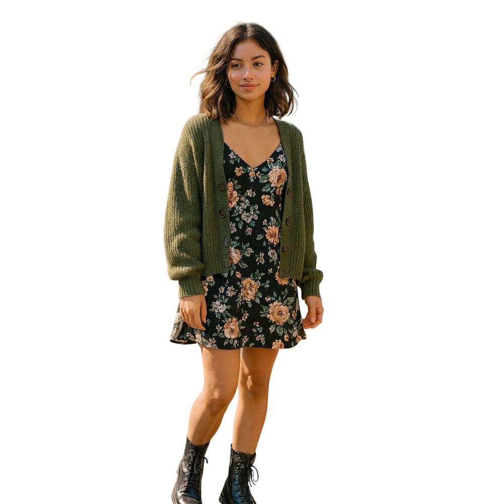 Vintage Dentelle Satin Floral Black Slip Dress night gown medium USA made